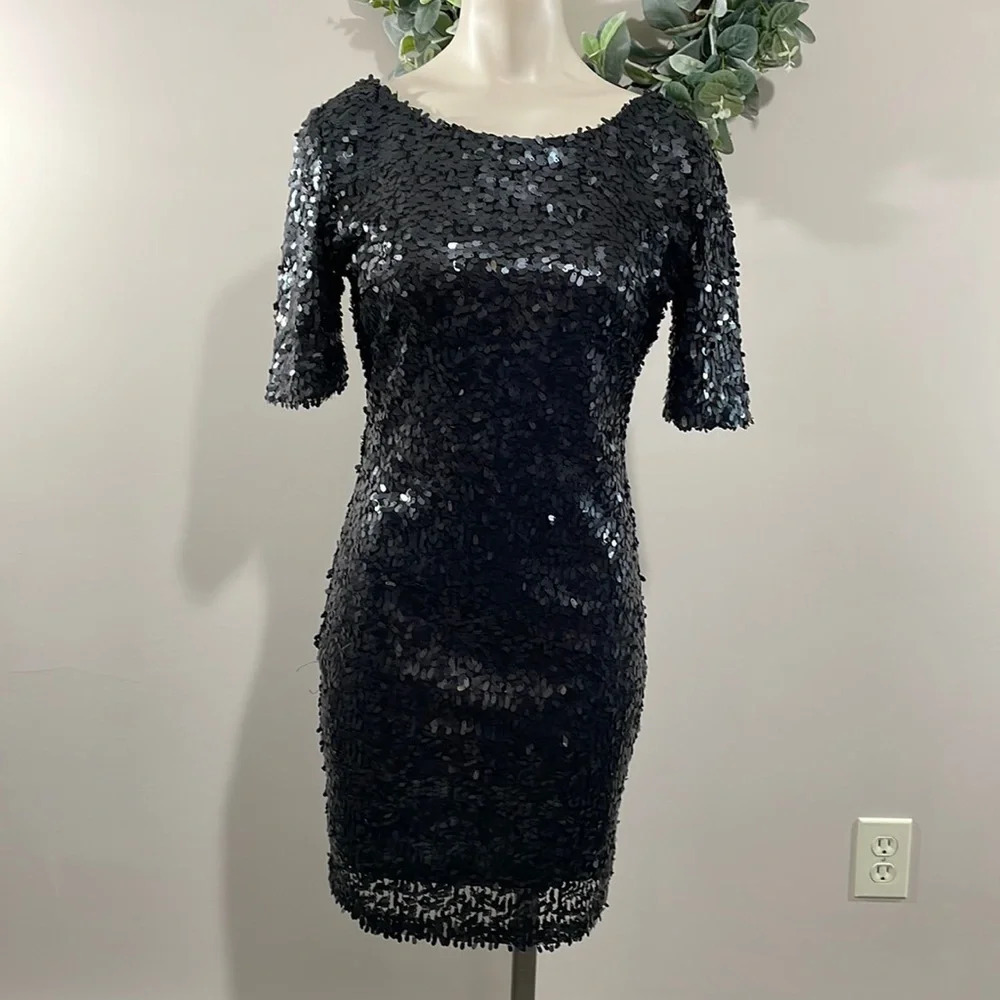 Ark & Co Black Sequin Scoop Back Short Sleeve Dress S